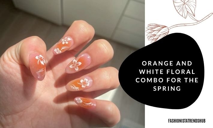 orange and white floral combo nails