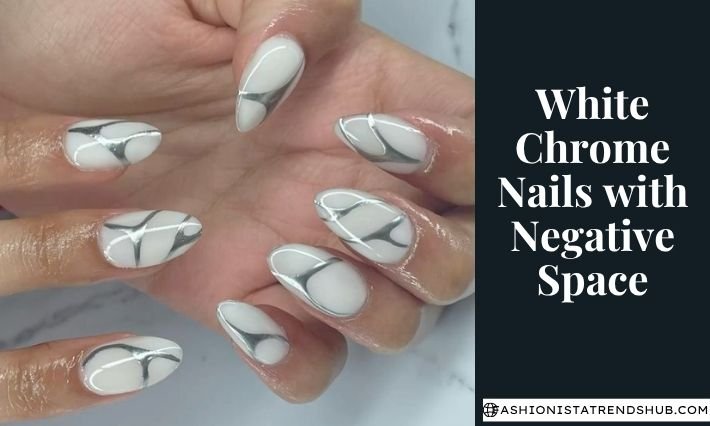 white chrome nails with negative space