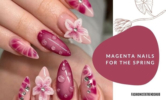 magenta floral nails