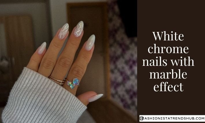 white chrome nails with marble effect
