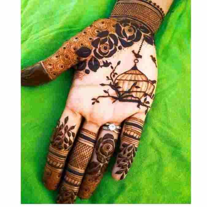 Birdcage with Flowers Mehndi Designs for Kids Front Hand