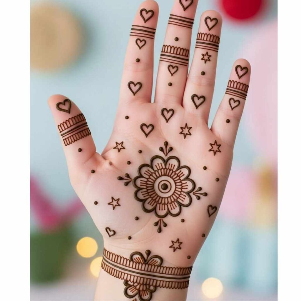 Hearts Mehndi Designs for Kids Front Hand