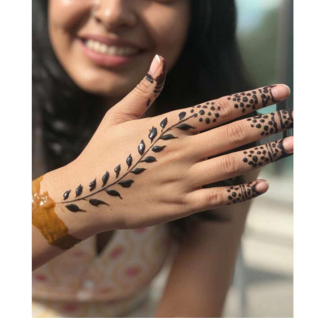 Leaf and Dot Patterns Mehndi Design for Back Hand
