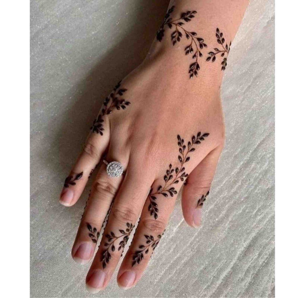 Minimal Leaves and Heart Shapes Mehndi Design for Back Hand