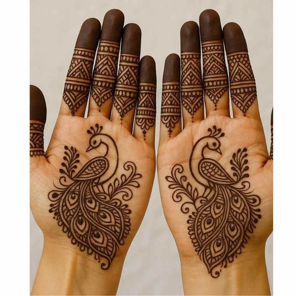 Peacock ,Feathers, Lotus Motifs Mehndi Design for Kids