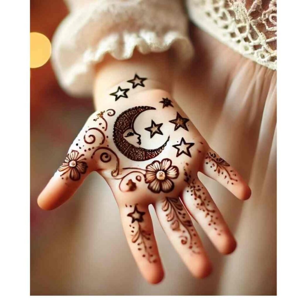 Star and Moon Mehndi Designs for Kids Front Hand