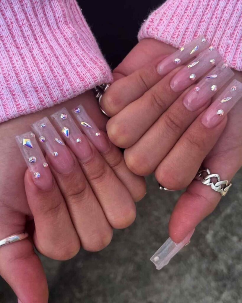 3D Crystal Embellished Pink Manicure with Gitter