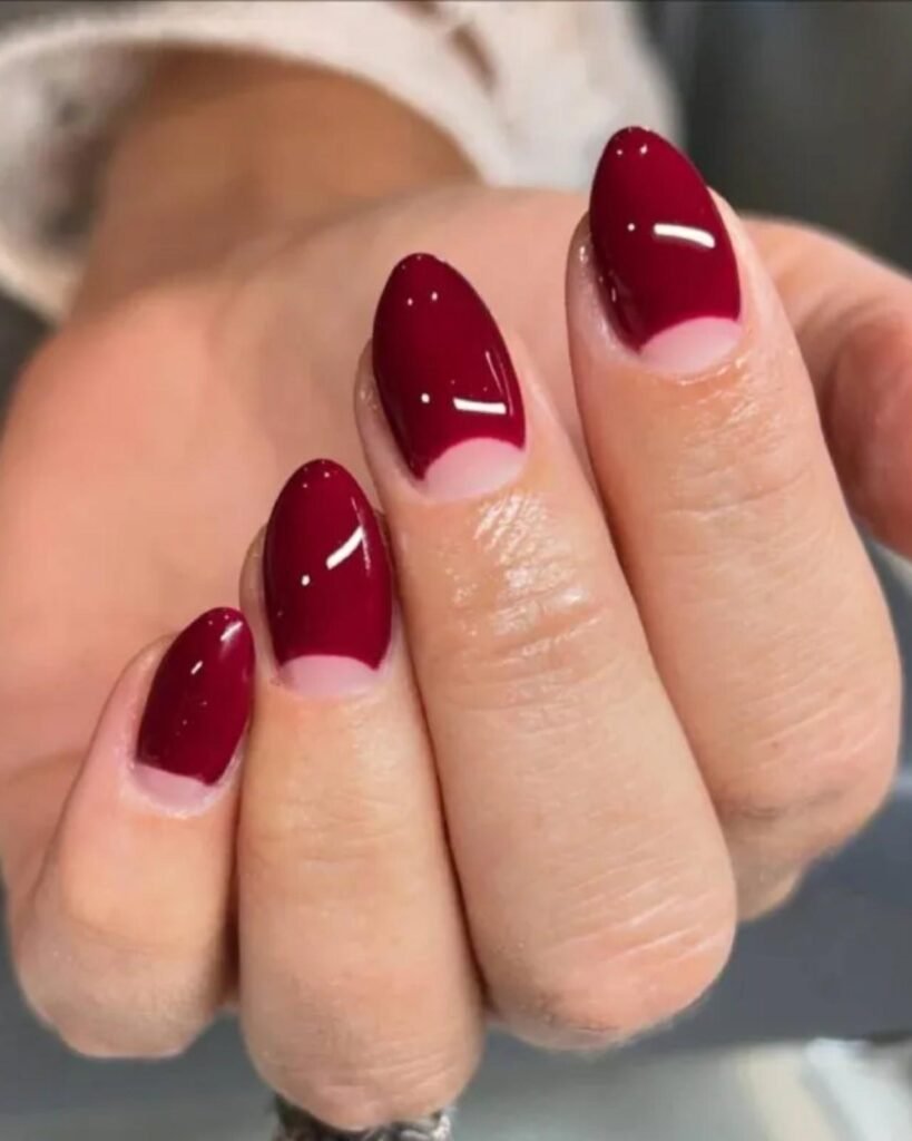 Burgundy Rhinestone Half Moon Manicure Design