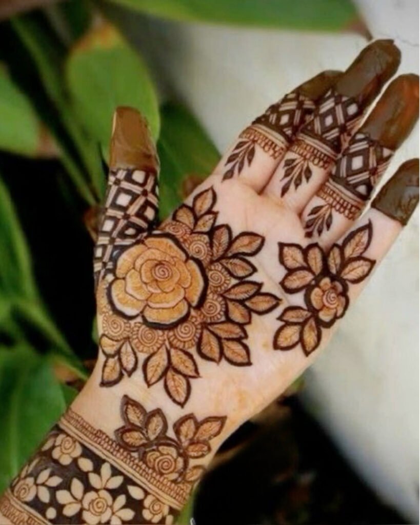 Central Rose Mehendi Design With Lily On The Other Hand