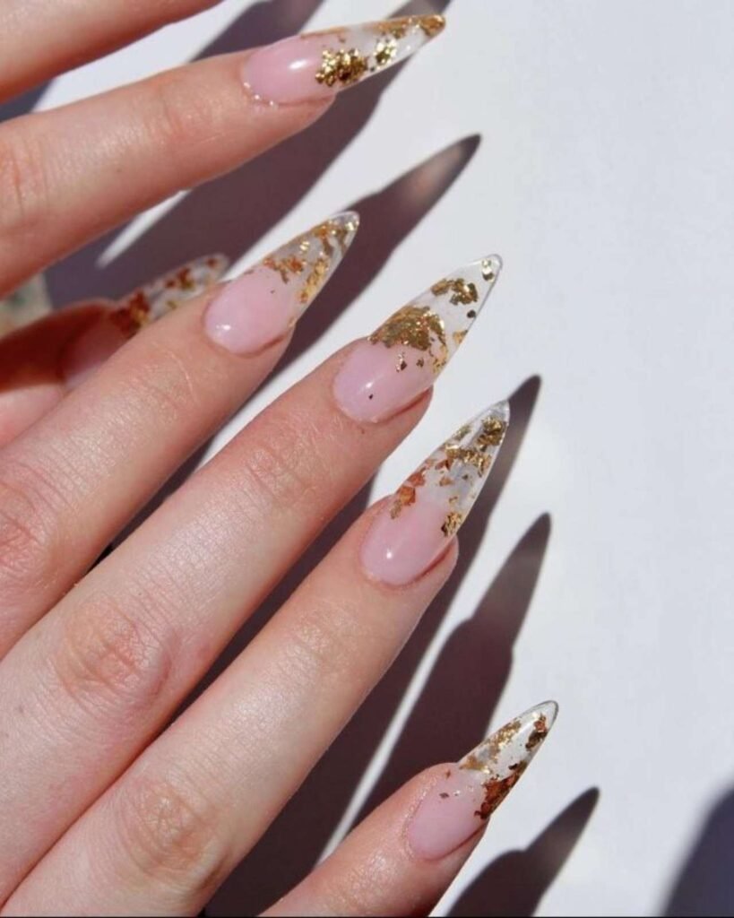 Clear Glass Nails with Suspended Gold Flakes Acrylic