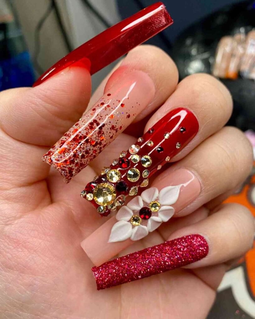 Red Bling Rhinestone Nails Designs
