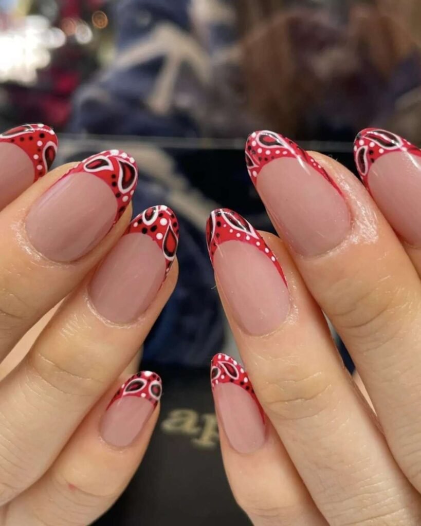 Red Flower French Tip Nails Simple