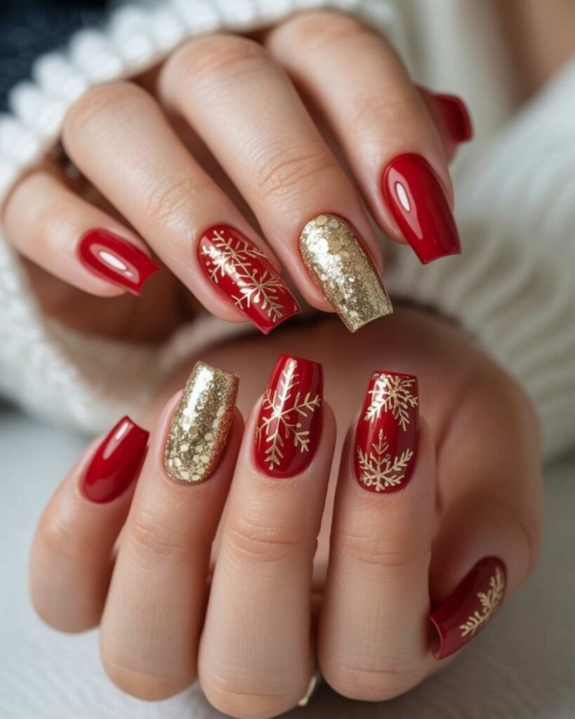 Red and Gold Nails Short