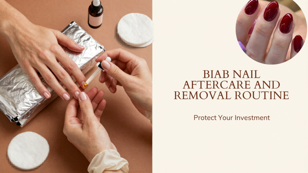 BIAB nail maintenance and removal process with cuticle oil and professional nail care