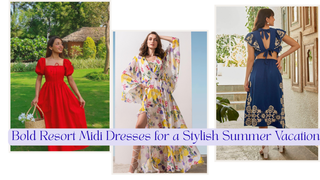 Woman wearing a bold resort-style midi dress during a tropical vacation