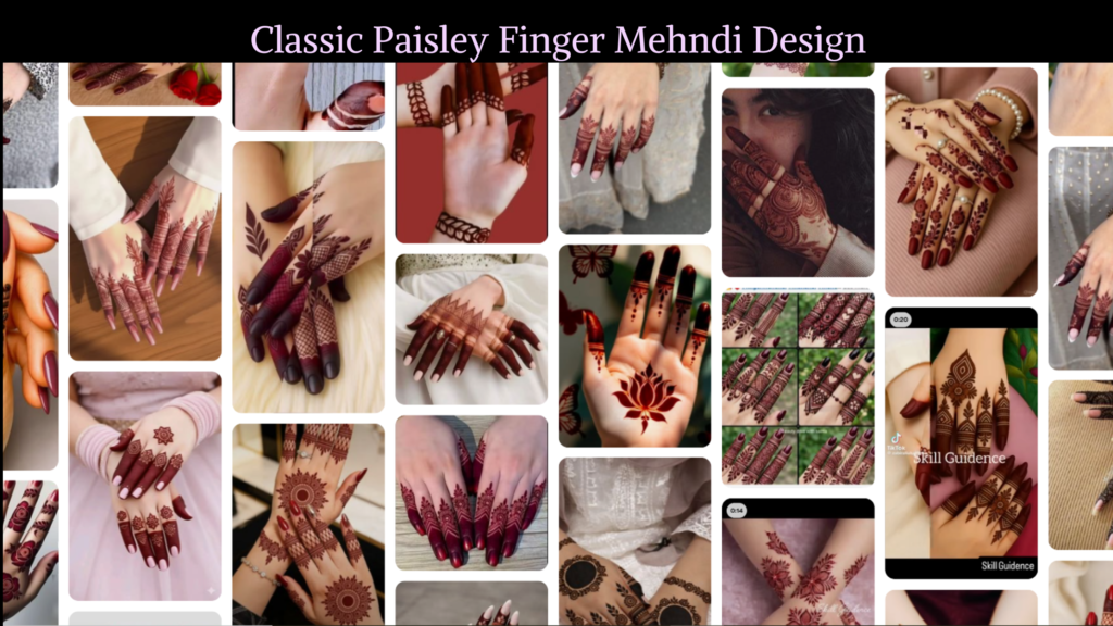 Traditional paisley finger mehndi design with mango motifs, dotted artwork, and Indian festive patterns.