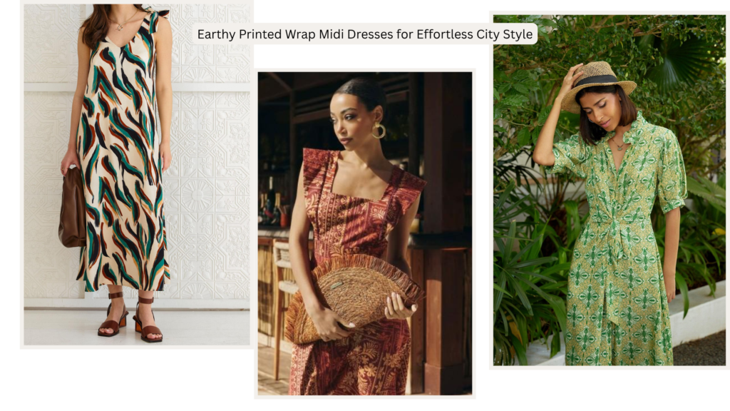 Woman wearing an earthy-toned printed wrap midi dress with casual street-style accessories