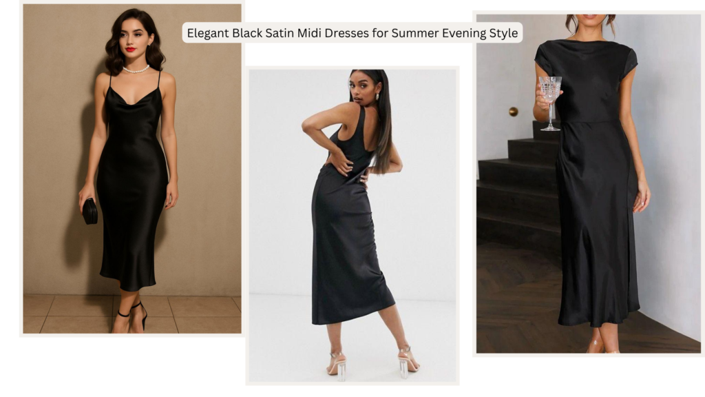 Woman wearing a sleek black satin midi dress styled for an elegant summer evening