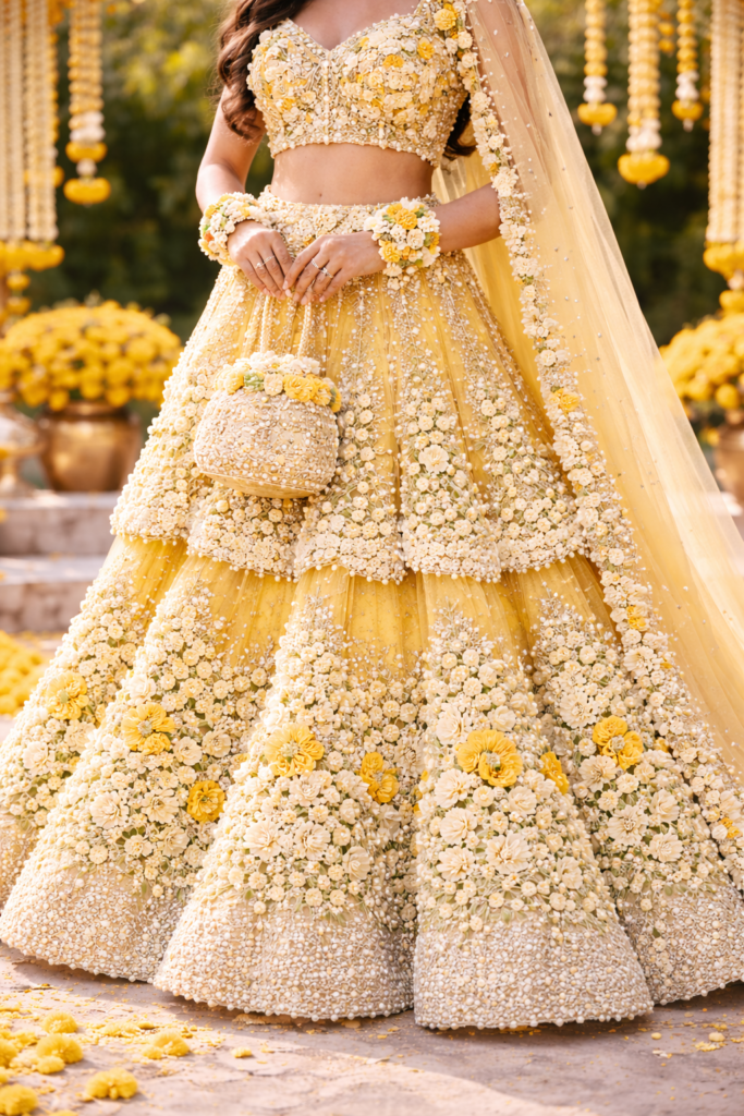 Bride wearing a yellow floral embroidered lehenga with flower jewelry during a dreamy haldi ceremony