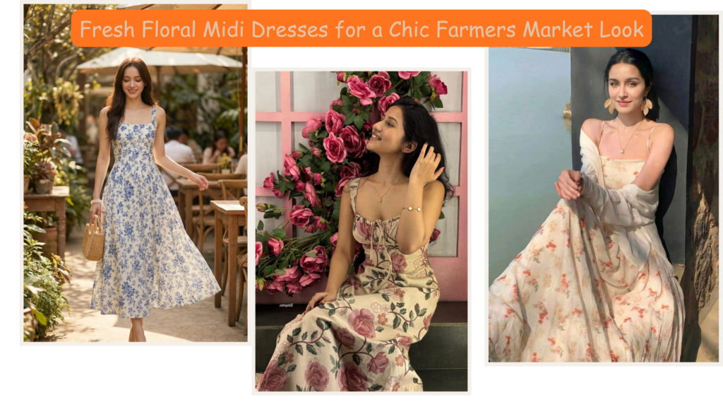 Woman wearing a floral midi dress with chunky sandals and a tote bag