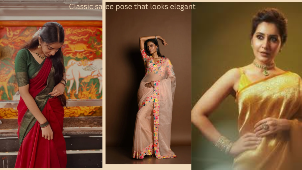 Confident woman posing with hand on waist in stylish saree look