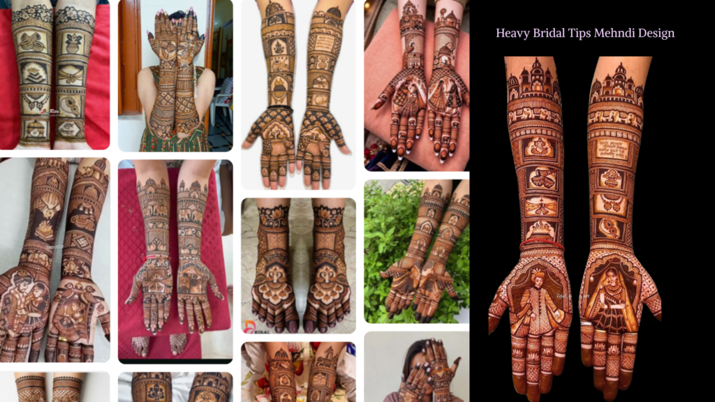 Heavy bridal fingertip mehndi design with dense floral patterns, paisley artwork, and dark finger coverage.