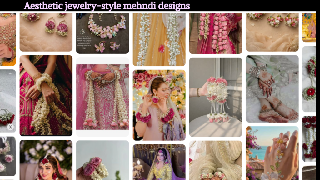 Jewelry Style Band finger mehndi with ring-like bands, floral chains, and modern decorative finger patterns.