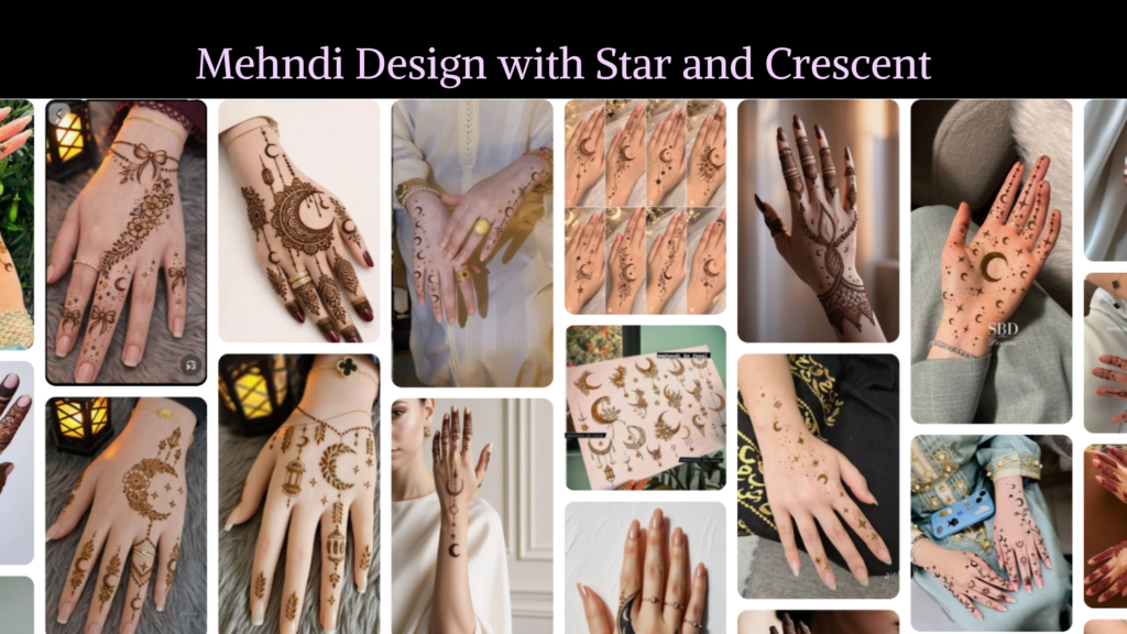 Crescent and Star finger mehndi design with moon motifs, Arabic fusion artwork, and decorative finger details.