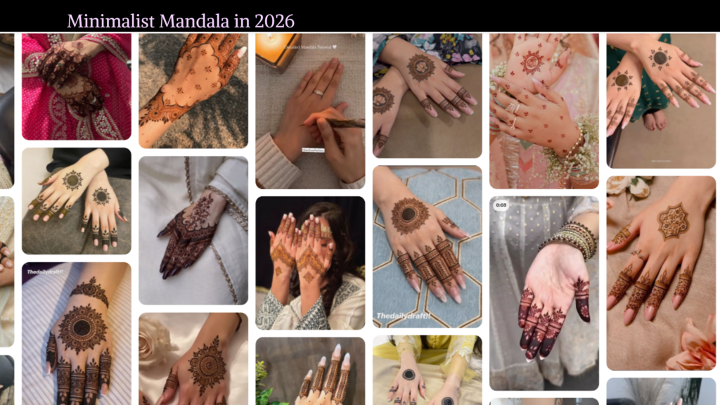 Simple minimalist mandala finger mehndi design with circular motifs and delicate fingertip patterns.