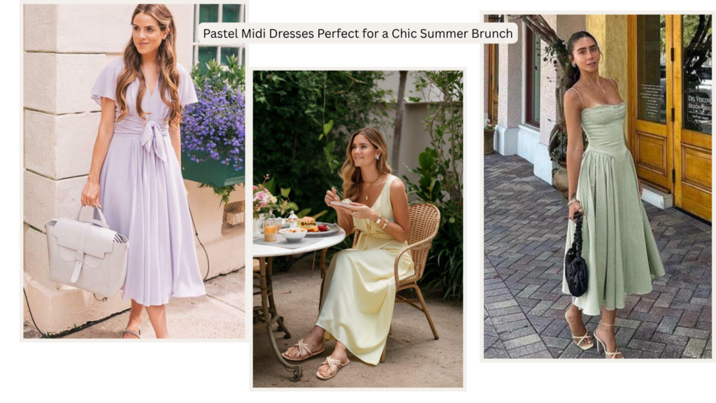 Woman wearing a pastel linen midi dress styled for a summer brunch