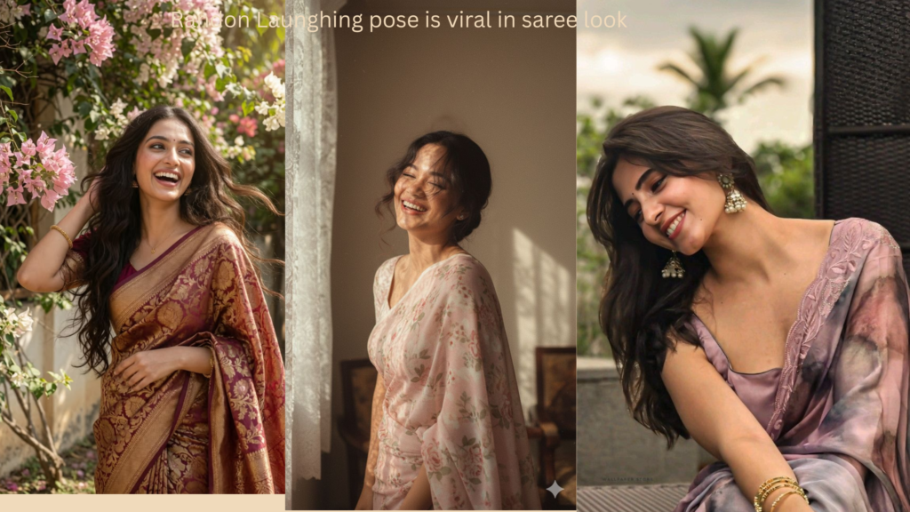 Woman laughing naturally while wearing elegant saree at party event