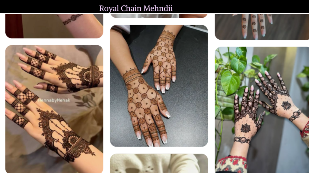 Royal Ring & Chain finger mehndi design with elegant chain patterns, floral detailing, and jewelry-inspired finger