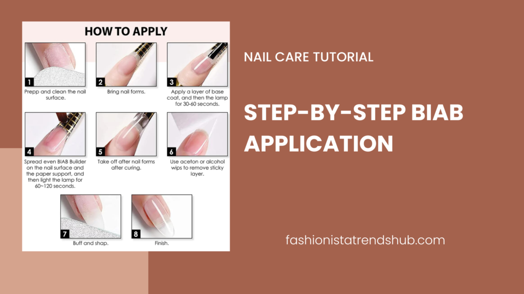 Step-by-step BIAB nail application process showing builder gel manicure technique