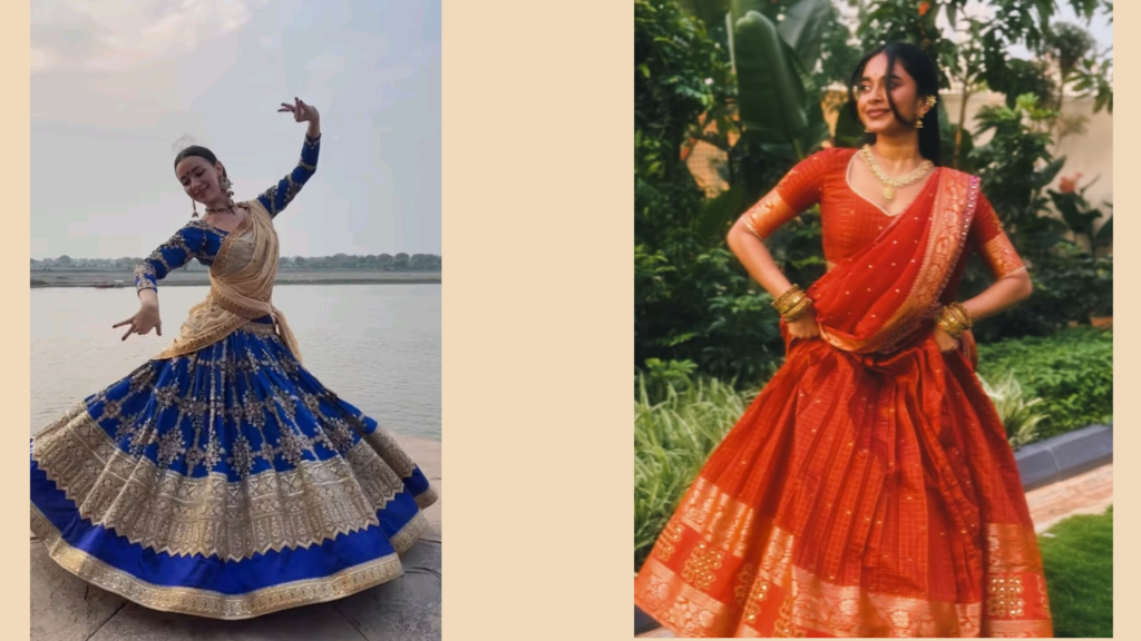Woman twirling gracefully in a flowing saree with elegant fabric movement and flare