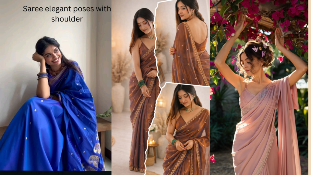 Stylish woman looking over her shoulder showcasing designer blouse back in saree