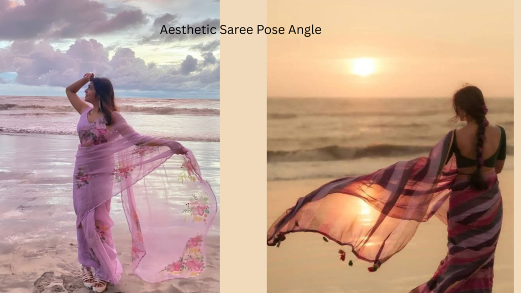 Woman holding flowing saree pallu dramatically during outdoor photoshoot
