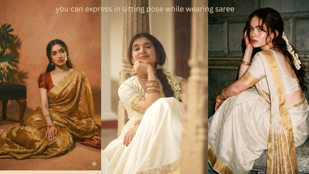 Graceful woman sitting in saree with neatly arranged pleats and traditional styling