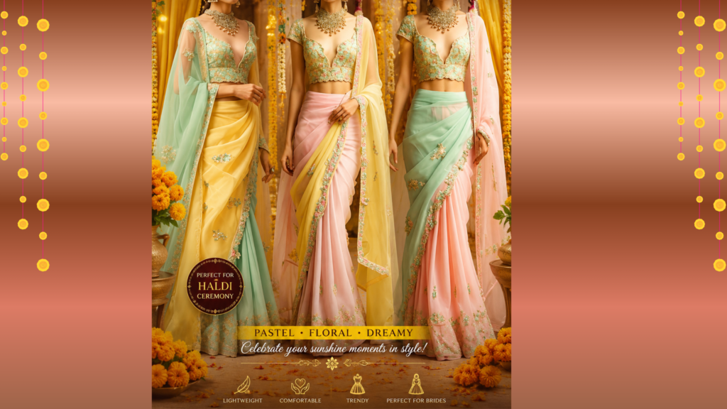 Trending pastel haldi outfits for Indian brides featuring dreamy yellow, pink, and mint sarees with floral embroidery and elegant wedding styling