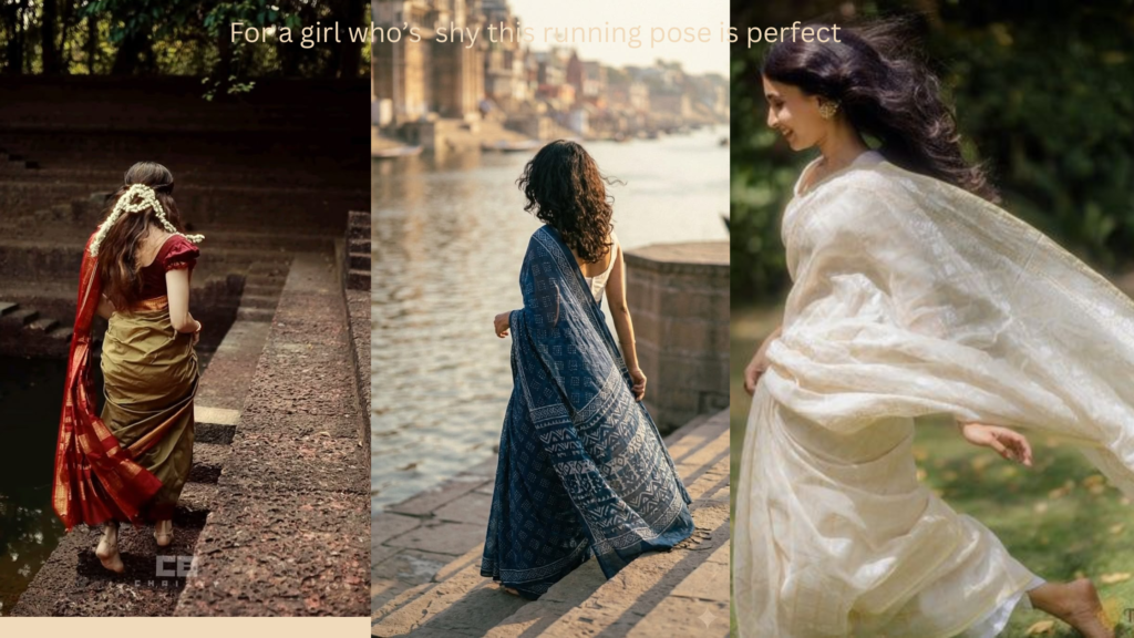 Woman walking naturally in saree capturing candid movement and elegance