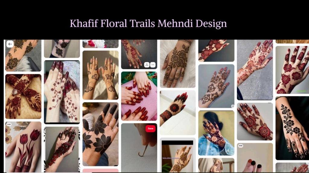 Khafif floral trail mehndi design with shaded flowers, Arabic patterns, and elegant finger detailing.