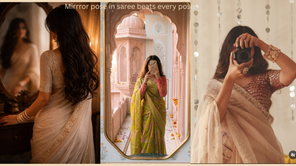 Woman posing in front of mirror showcasing full saree styling and accessories