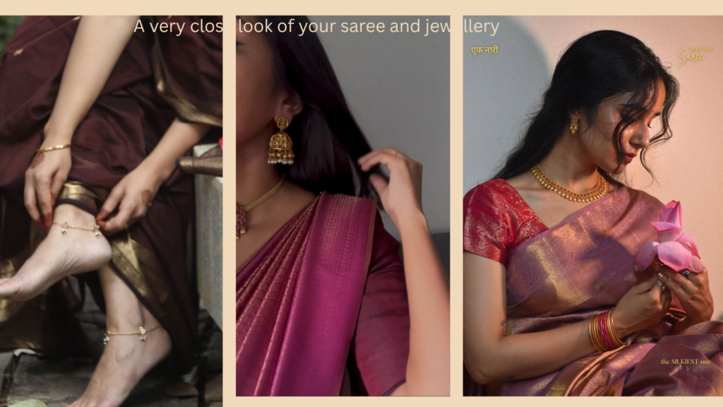 Stylish woman leaning casually against wall while wearing modern saree