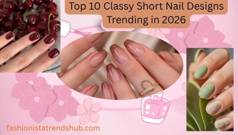 Collection of classy short nail designs featuring French tips, ombré, florals, pearls, and glossy finishes.